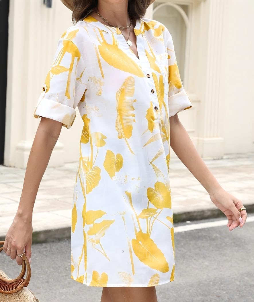 Summer Blouses For Women Tunic Top to Wear With Leggings Leaf And Floral V Neck Short Sleeve Button Casual Shirt