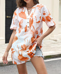 Summer Blouses For Women Tunic Top to Wear With Leggings Leaf And Floral V Neck Short Sleeve Button Casual Shirt