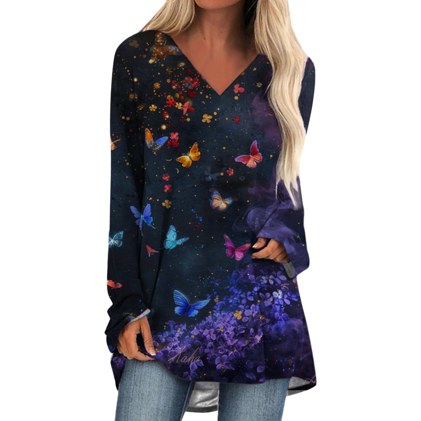 Womens Tops Casual Loose V Neck Tunic T Shirts Long Sleeve Blouses Classic Dressy Solid Color Sweatshirts