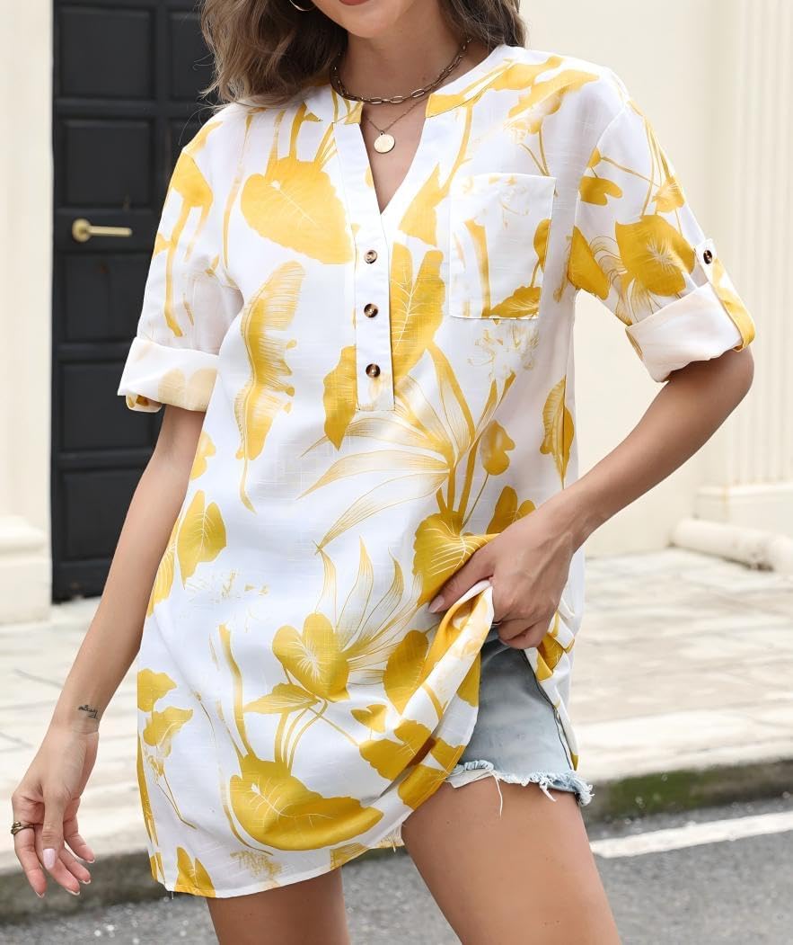 Summer Blouses For Women Tunic Top to Wear With Leggings Leaf And Floral V Neck Short Sleeve Button Casual Shirt