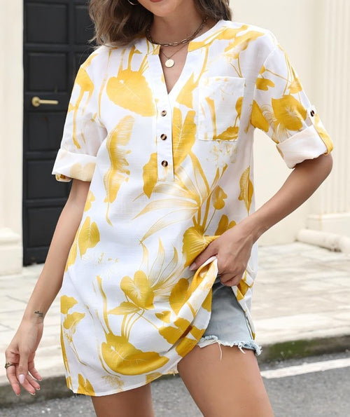 Summer Blouses For Women Tunic Top to Wear With Leggings Leaf And Floral V Neck Short Sleeve Button Casual Shirt