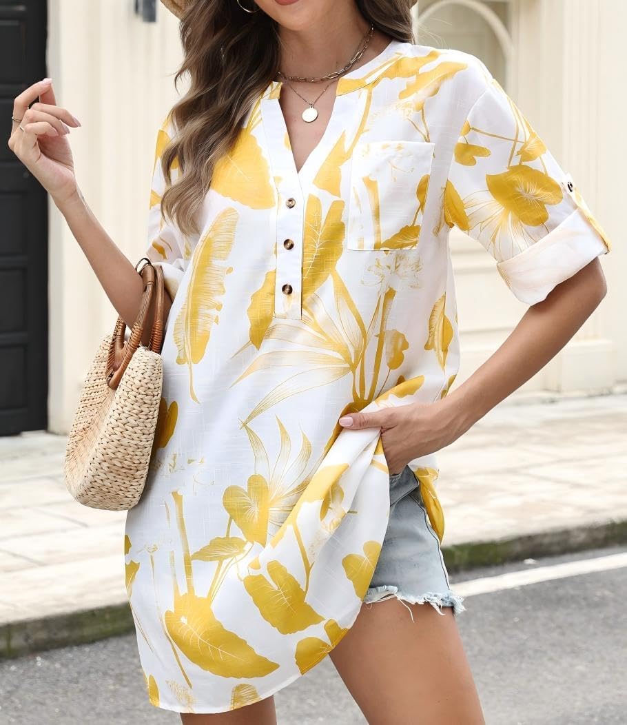 Summer Blouses For Women Tunic Top to Wear With Leggings Leaf And Floral V Neck Short Sleeve Button Casual Shirt