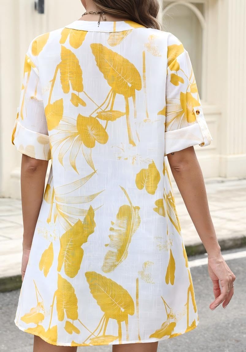 Summer Blouses For Women Tunic Top to Wear With Leggings Leaf And Floral V Neck Short Sleeve Button Casual Shirt