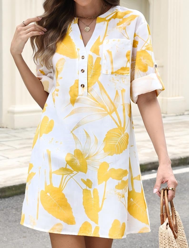 Summer Blouses For Women Tunic Top to Wear With Leggings Leaf And Floral V Neck Short Sleeve Button Casual Shirt