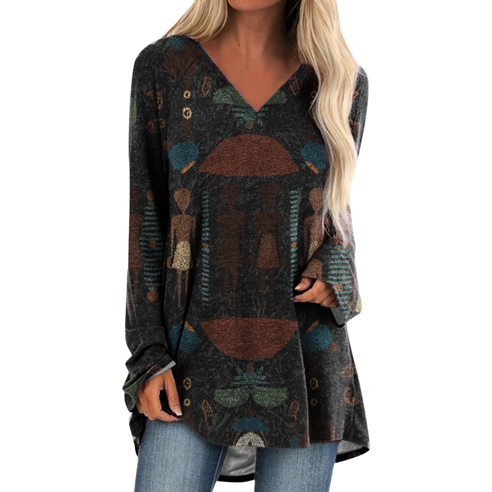 Womens Tops Casual Loose V Neck Tunic T Shirts Long Sleeve Blouses Classic Dressy Solid Color Sweatshirts