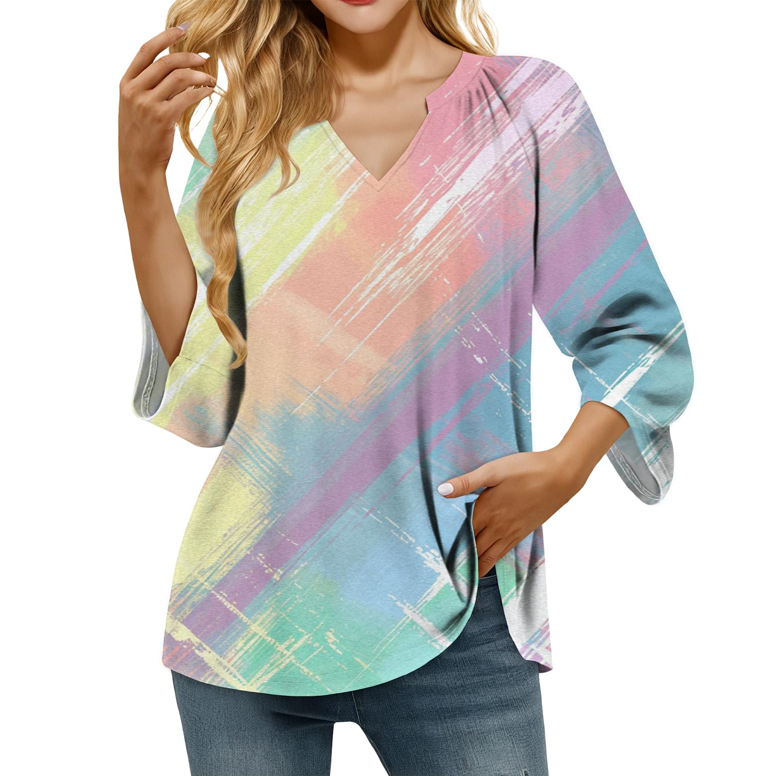domirica Retro Breathable Shirt for Women Vintage Novelty Stylish Boho Loose Fit 3/4 Sleeve V Neck Tops Summer Undershirt