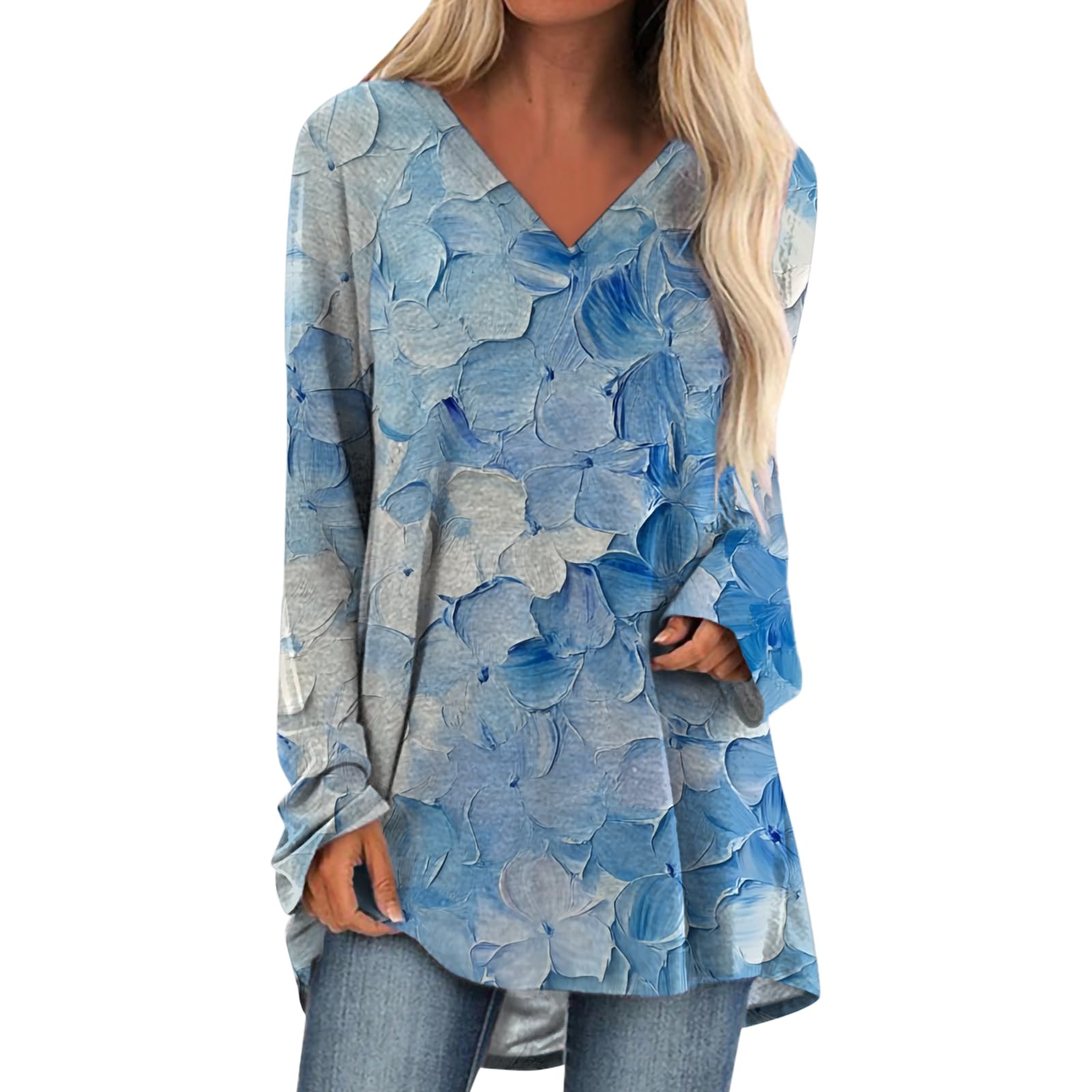 Womens Tops Casual Loose V Neck Tunic T Shirts Long Sleeve Blouses Classic Dressy Solid Color Sweatshirts