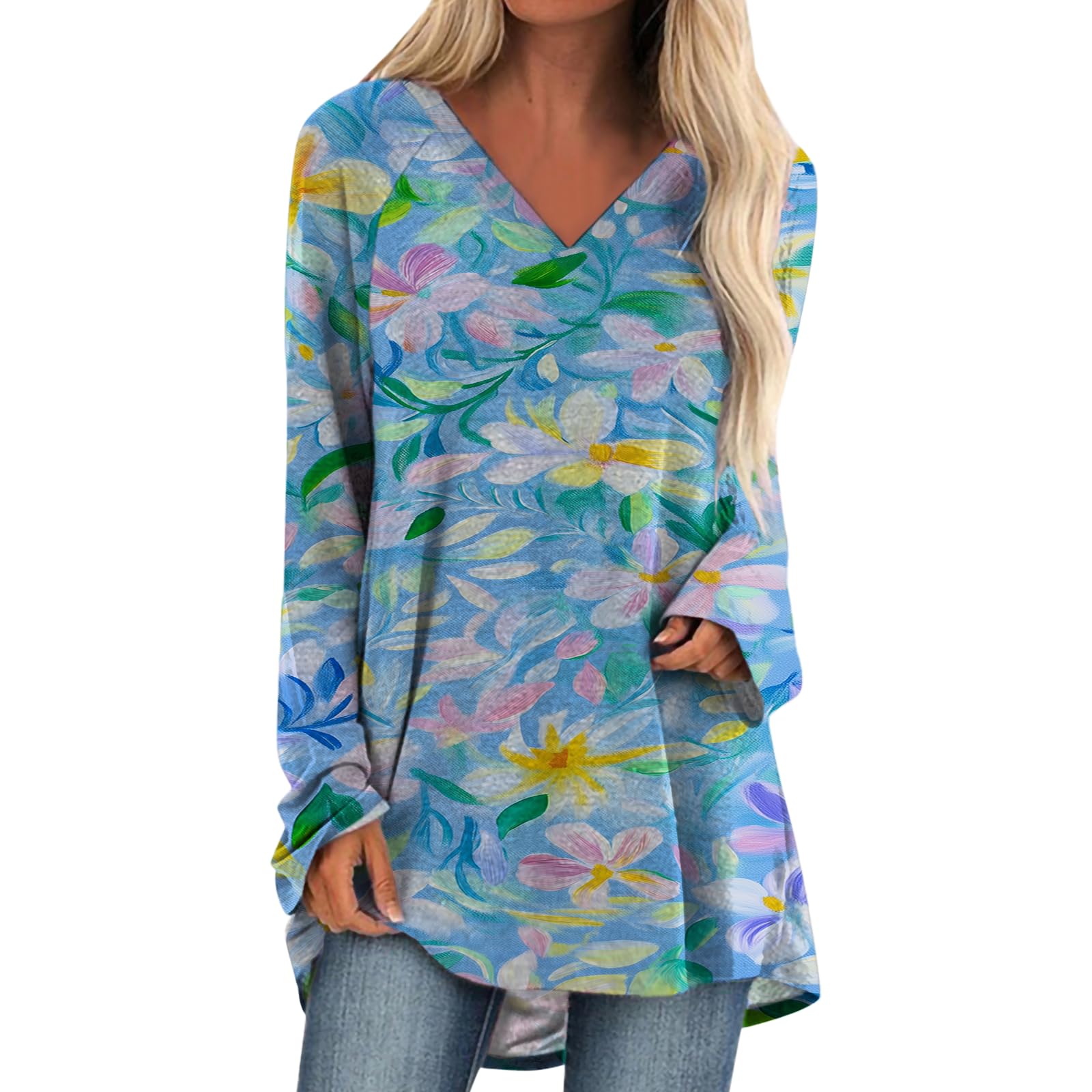 Womens Tops Casual Loose V Neck Tunic T Shirts Long Sleeve Blouses Classic Dressy Solid Color Sweatshirts