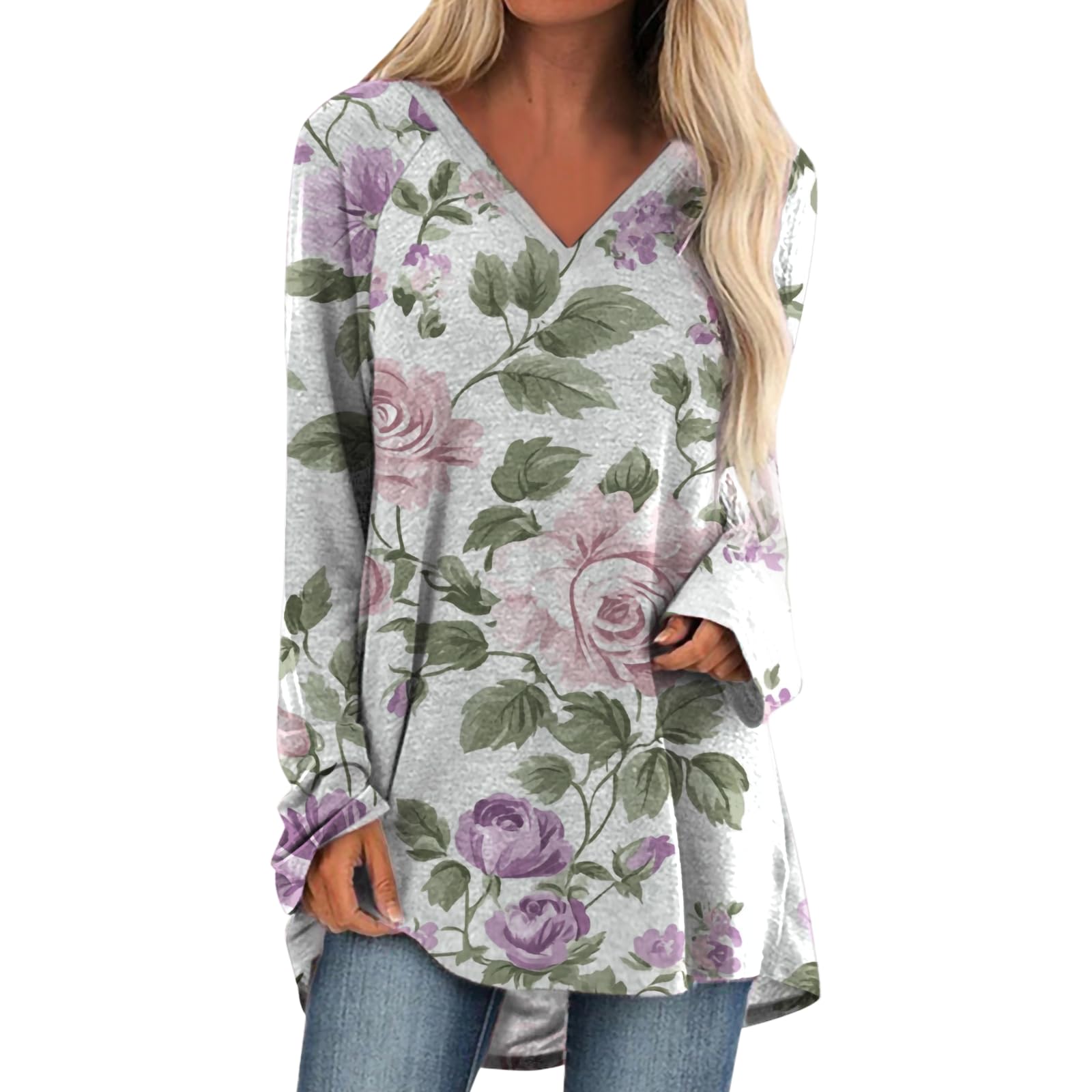 Womens Tops Casual Loose V Neck Tunic T Shirts Long Sleeve Blouses Classic Dressy Solid Color Sweatshirts