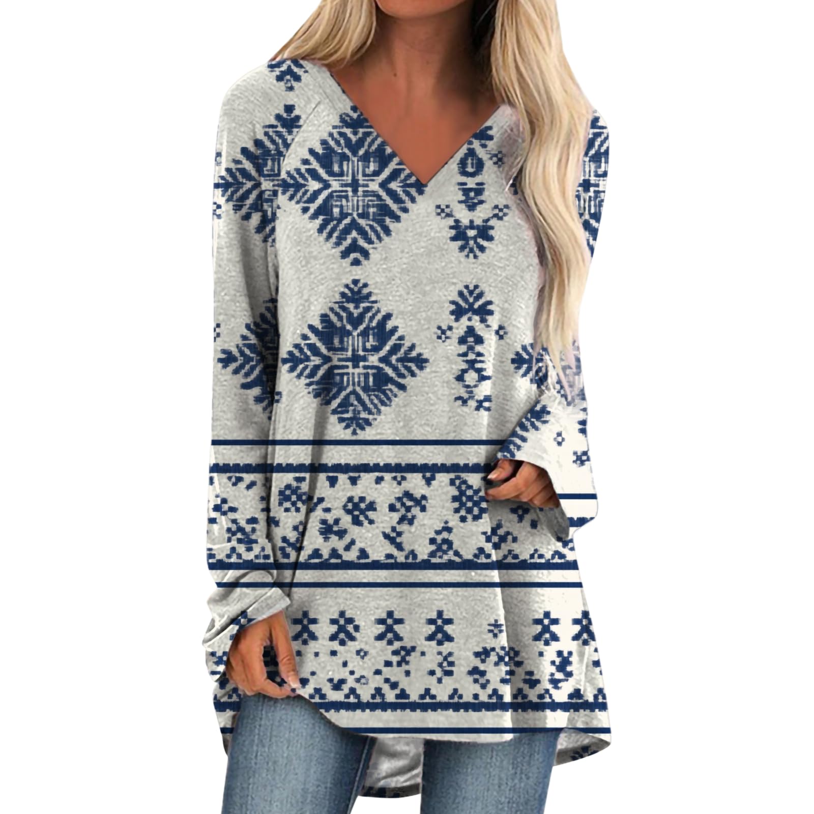 Womens Tops Casual Loose V Neck Tunic T Shirts Long Sleeve Blouses Classic Dressy Solid Color Sweatshirts
