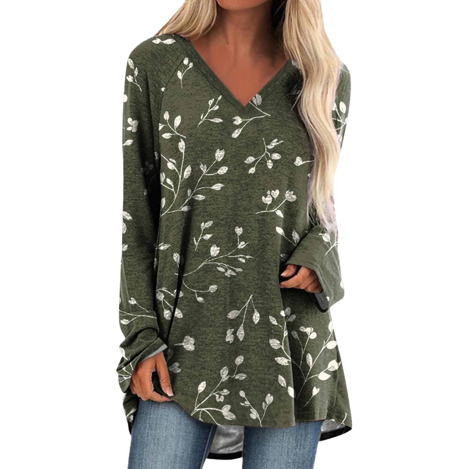 Womens Tops Casual Loose V Neck Tunic T Shirts Long Sleeve Blouses Classic Dressy Solid Color Sweatshirts
