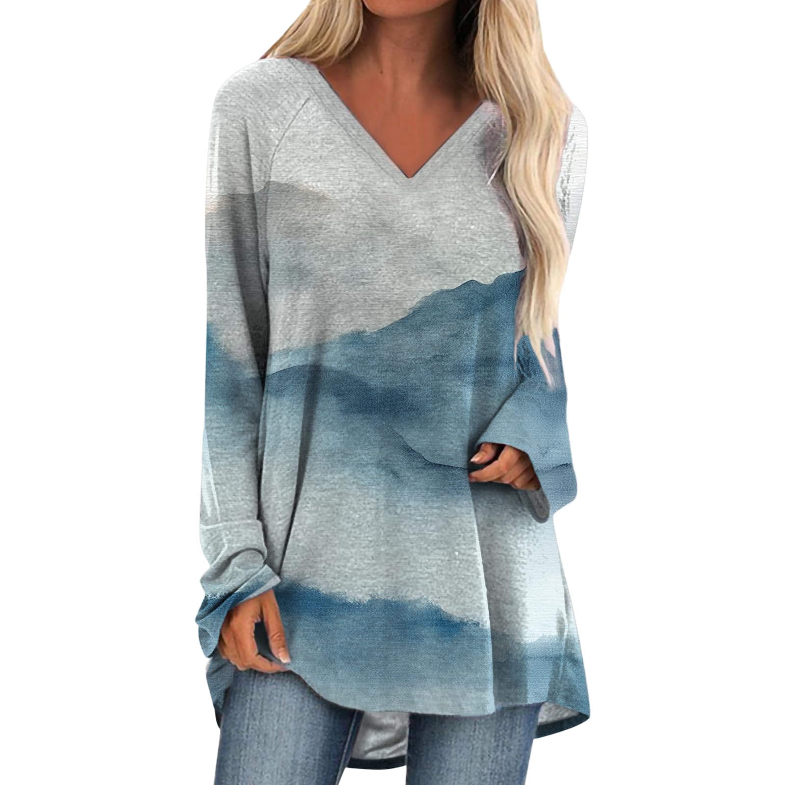 Womens Tops Casual Loose V Neck Tunic T Shirts Long Sleeve Blouses Classic Dressy Solid Color Sweatshirts
