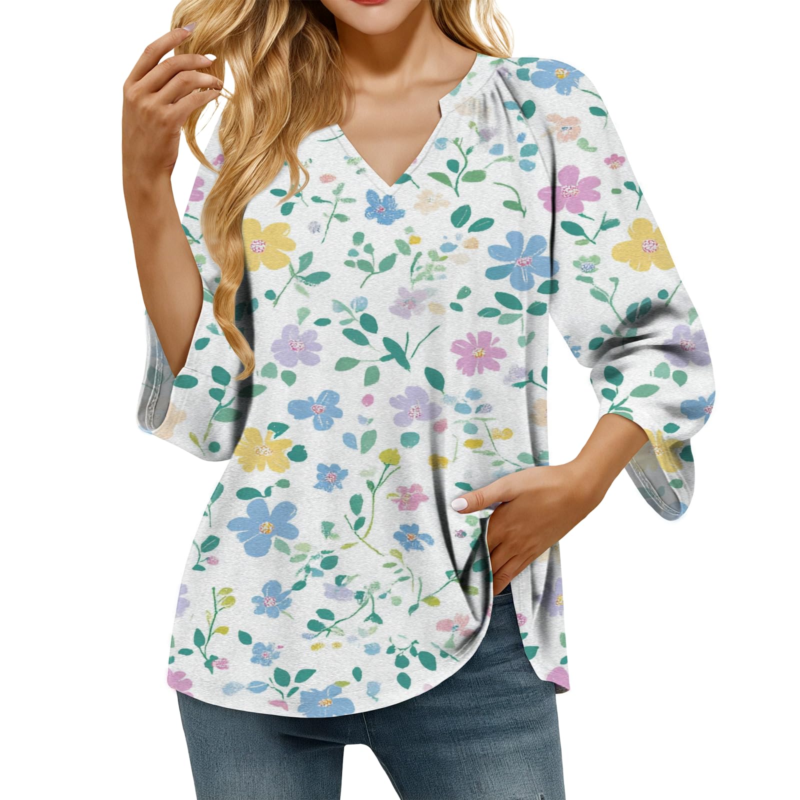 domirica Retro Breathable Shirt for Women Vintage Novelty Stylish Boho Loose Fit 3/4 Sleeve V Neck Tops Summer Undershirt