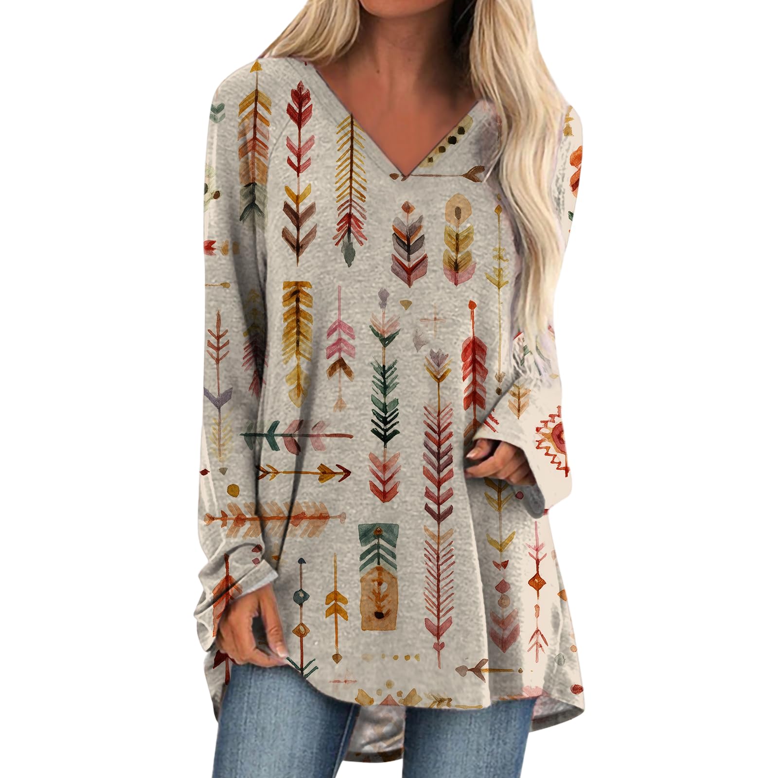 Womens Tops Casual Loose V Neck Tunic T Shirts Long Sleeve Blouses Classic Dressy Solid Color Sweatshirts