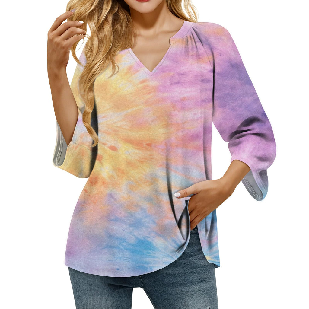 domirica Retro Breathable Shirt for Women Vintage Novelty Stylish Boho Loose Fit 3/4 Sleeve V Neck Tops Summer Undershirt