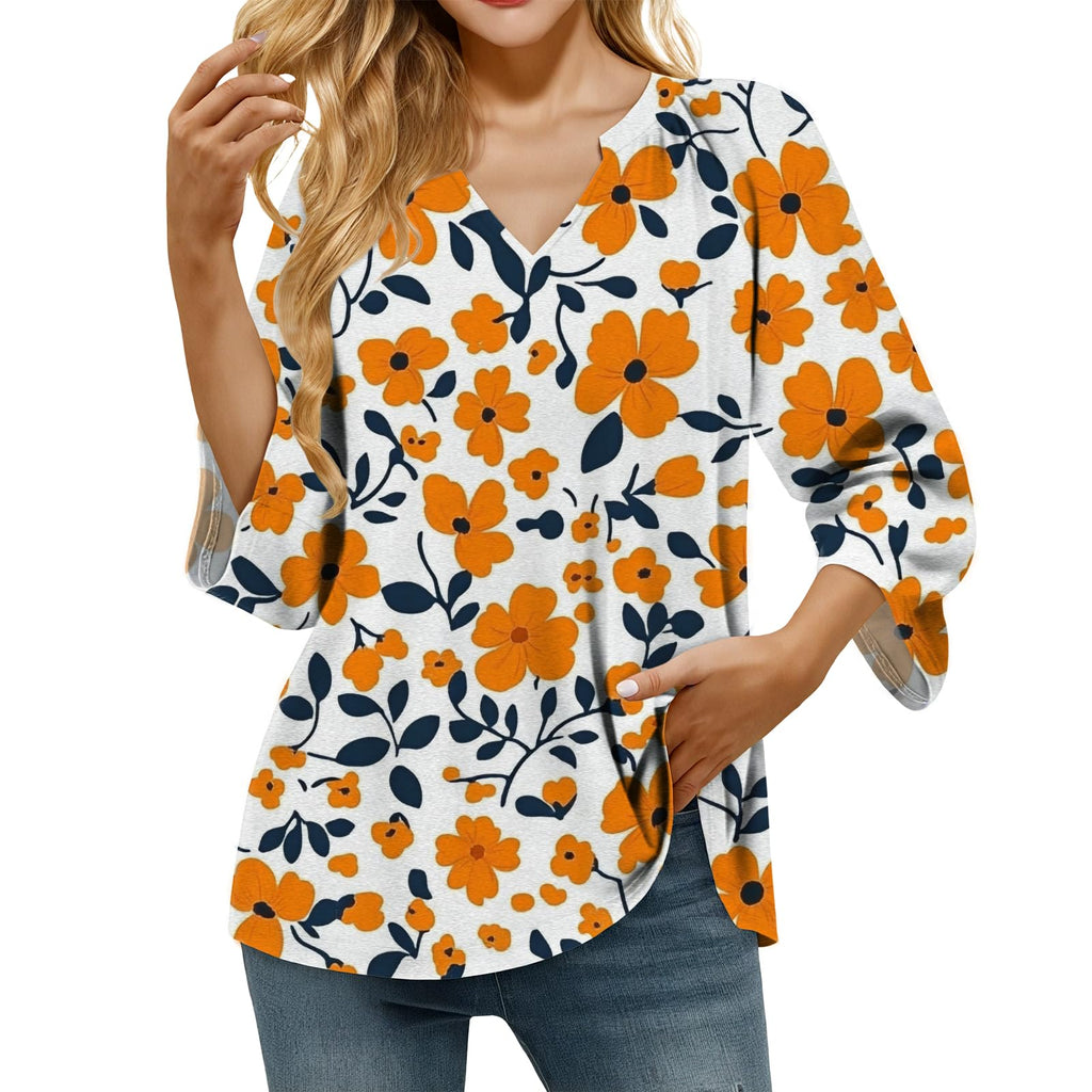 domirica Retro Breathable Shirt for Women Vintage Novelty Stylish Boho Loose Fit 3/4 Sleeve V Neck Tops Summer Undershirt