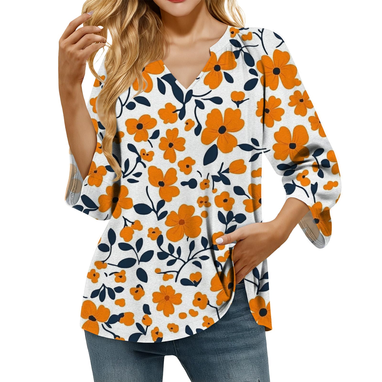 domirica Retro Breathable Shirt for Women Vintage Novelty Stylish Boho Loose Fit 3/4 Sleeve V Neck Tops Summer Undershirt