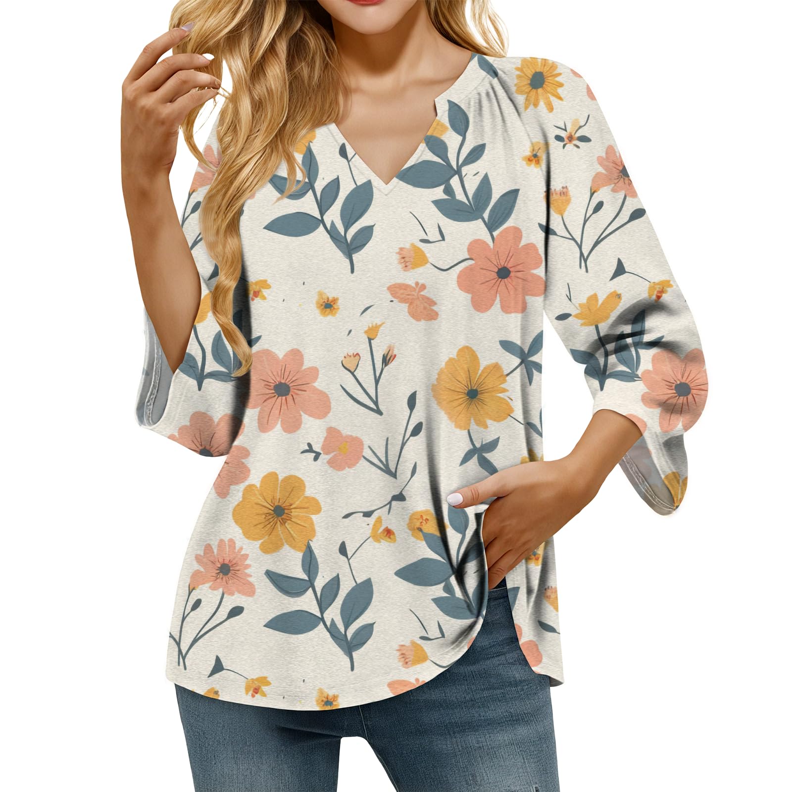 domirica Retro Breathable Shirt for Women Vintage Novelty Stylish Boho Loose Fit 3/4 Sleeve V Neck Tops Summer Undershirt