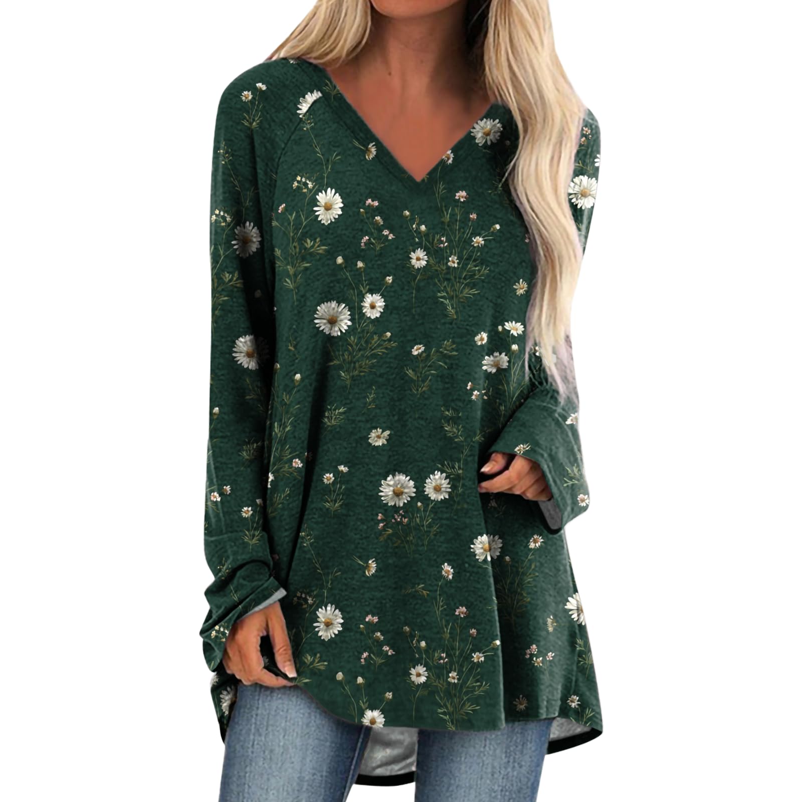 Womens Tops Casual Loose V Neck Tunic T Shirts Long Sleeve Blouses Classic Dressy Solid Color Sweatshirts