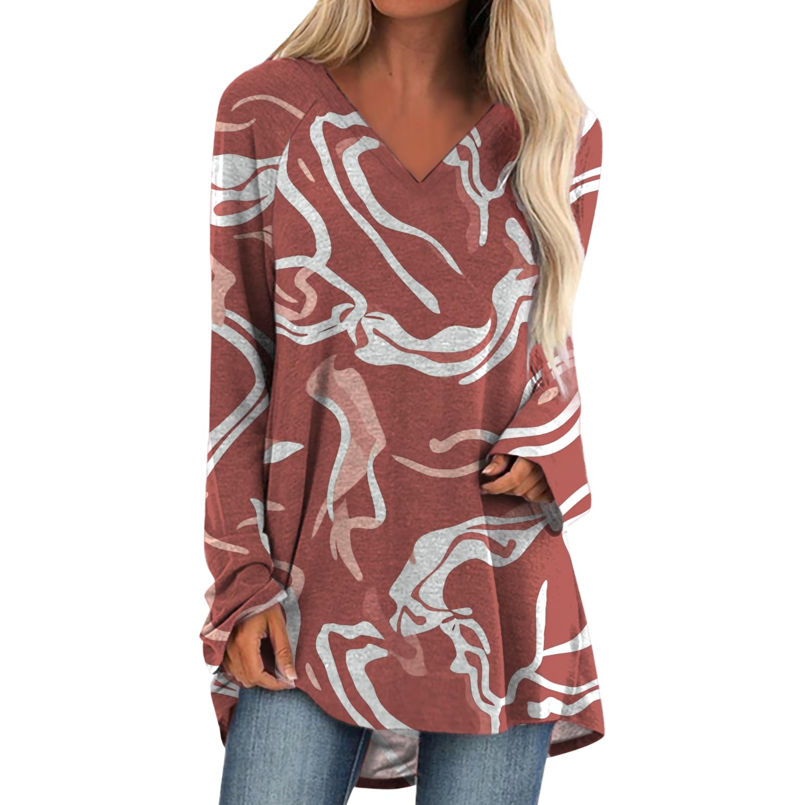 Womens Tops Casual Loose V Neck Tunic T Shirts Long Sleeve Blouses Classic Dressy Solid Color Sweatshirts