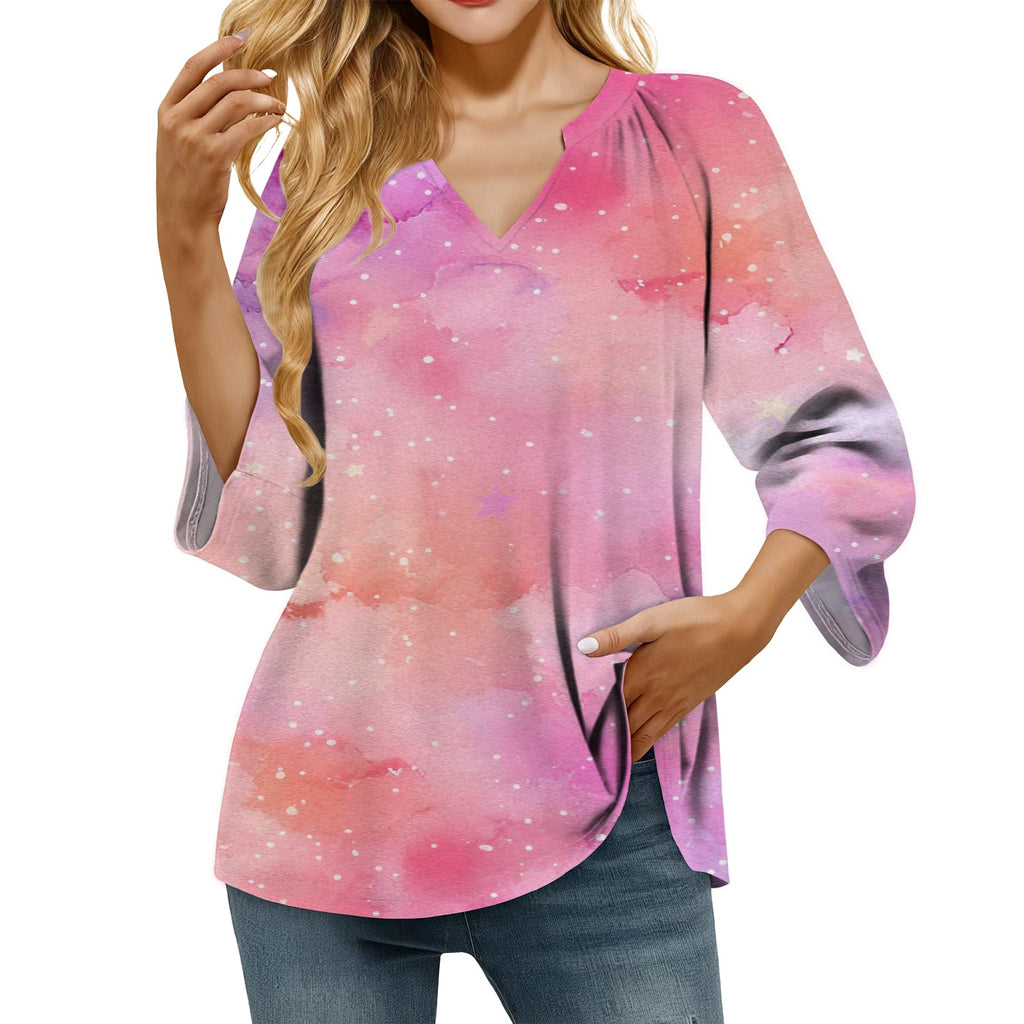 domirica Retro Breathable Shirt for Women Vintage Novelty Stylish Boho Loose Fit 3/4 Sleeve V Neck Tops Summer Undershirt