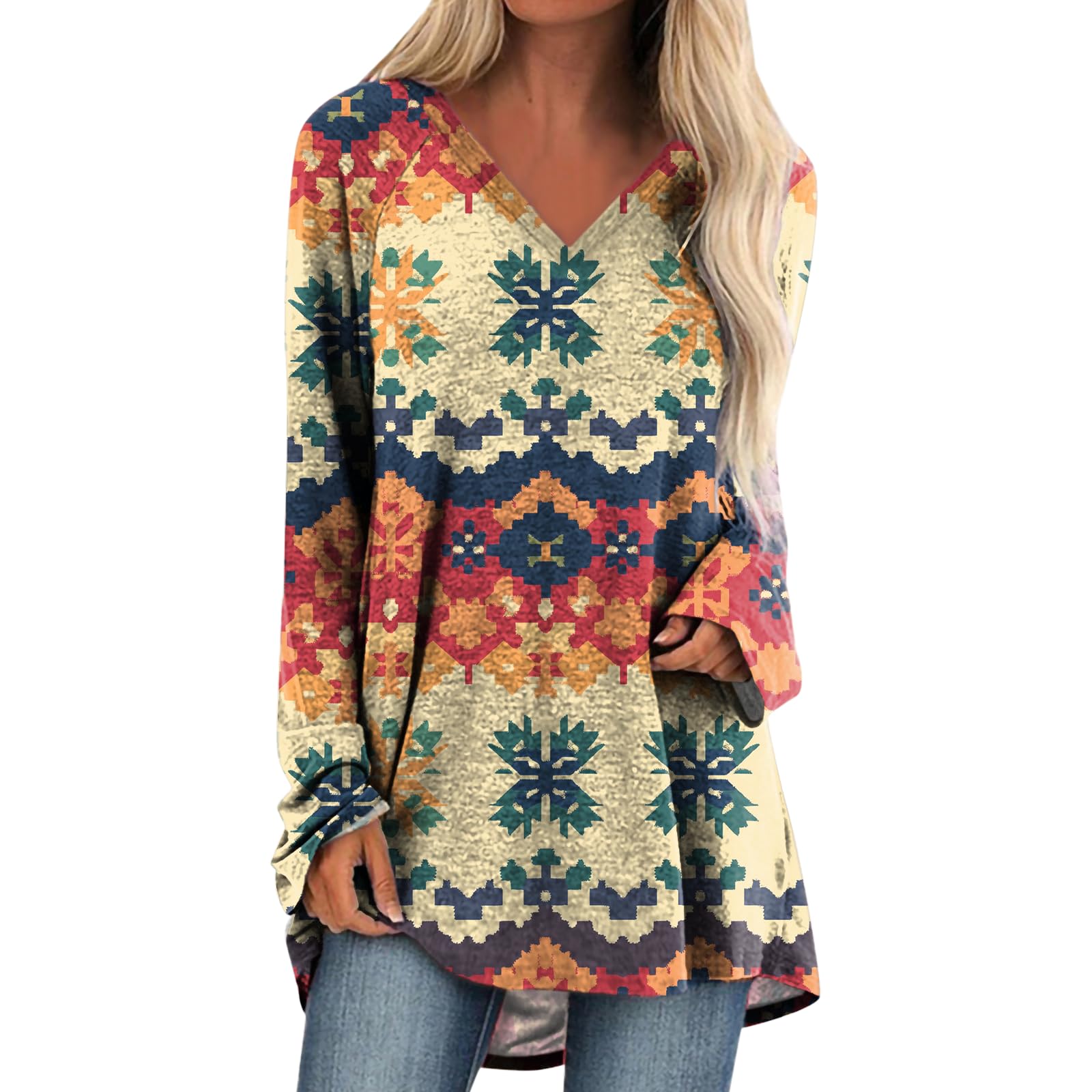 Womens Tops Casual Loose V Neck Tunic T Shirts Long Sleeve Blouses Classic Dressy Solid Color Sweatshirts