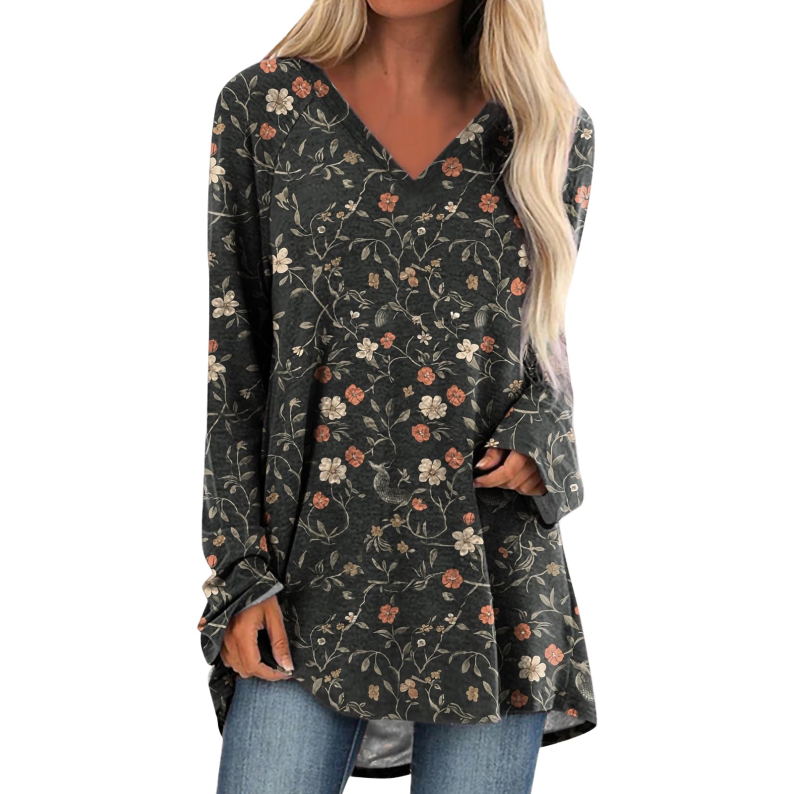 Womens Tops Casual Loose V Neck Tunic T Shirts Long Sleeve Blouses Classic Dressy Solid Color Sweatshirts