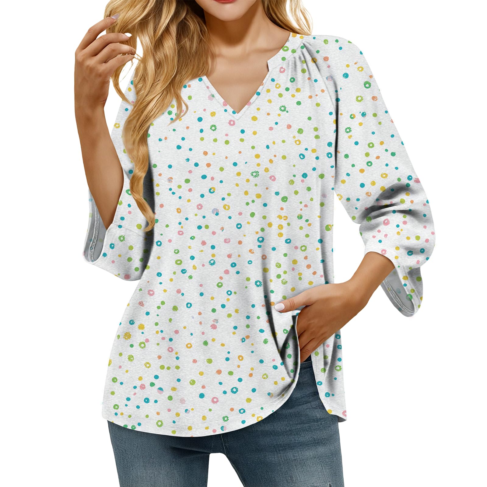 domirica Retro Breathable Shirt for Women Vintage Novelty Stylish Boho Loose Fit 3/4 Sleeve V Neck Tops Summer Undershirt