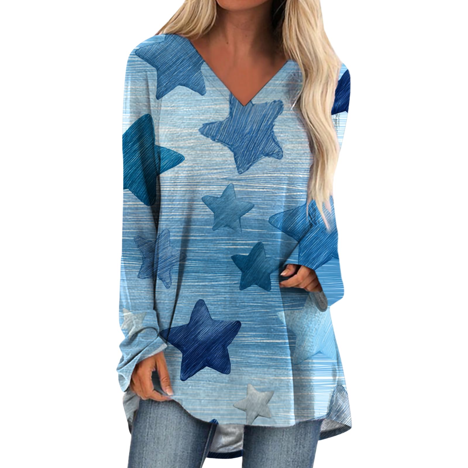 Womens Tops Casual Loose V Neck Tunic T Shirts Long Sleeve Blouses Classic Dressy Solid Color Sweatshirts