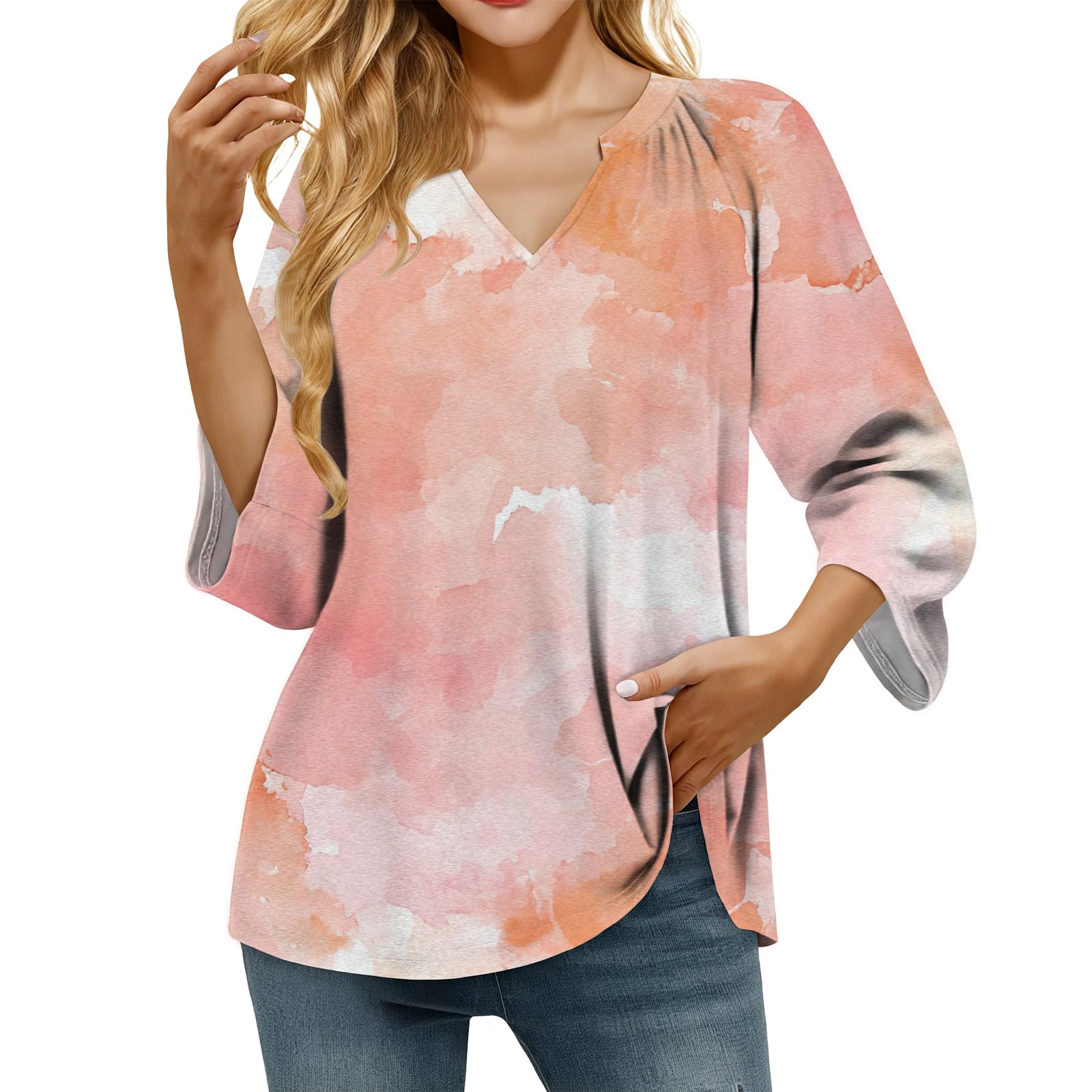 domirica Retro Breathable Shirt for Women Vintage Novelty Stylish Boho Loose Fit 3/4 Sleeve V Neck Tops Summer Undershirt