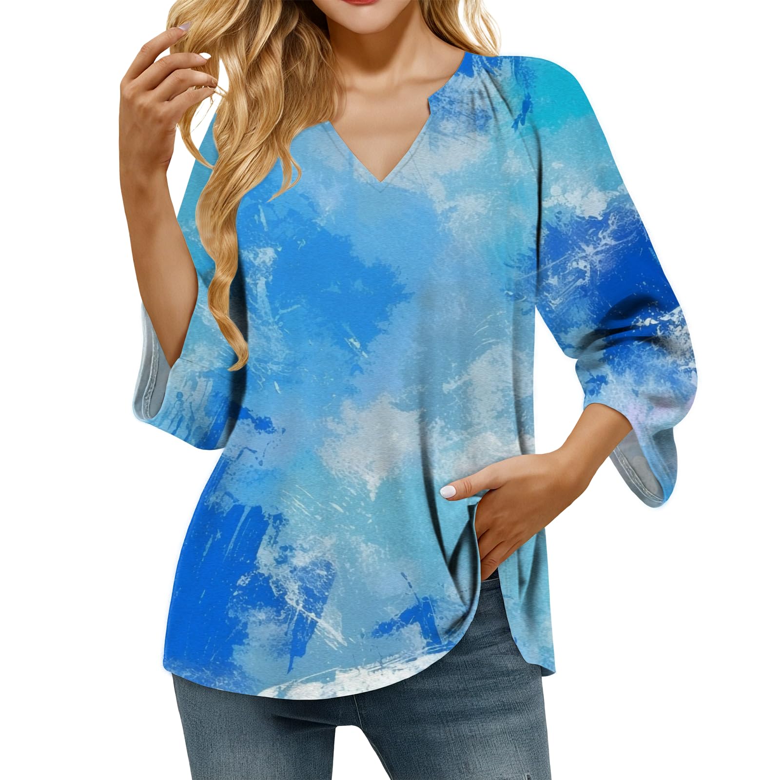domirica Retro Breathable Shirt for Women Vintage Novelty Stylish Boho Loose Fit 3/4 Sleeve V Neck Tops Summer Undershirt