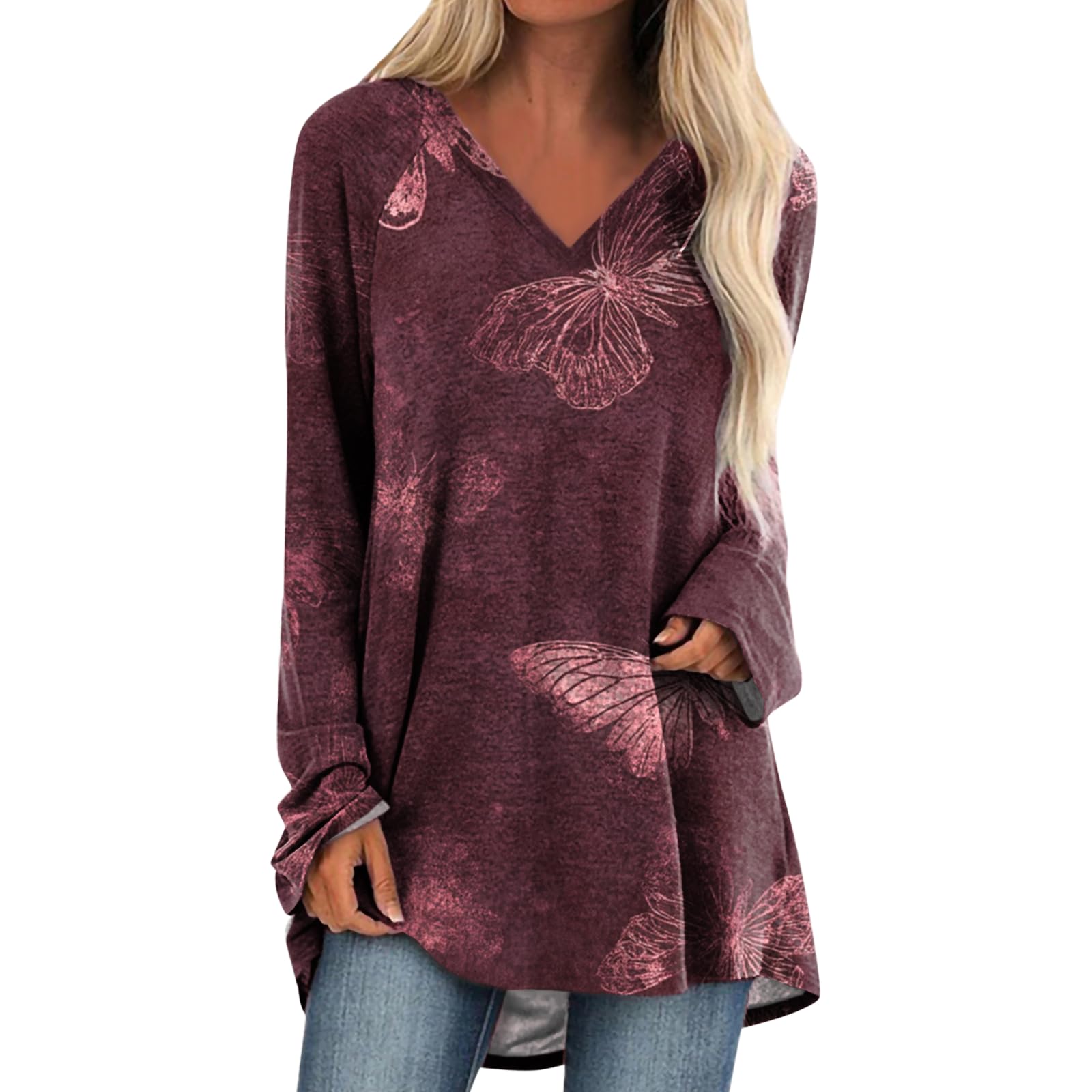 Womens Tops Casual Loose V Neck Tunic T Shirts Long Sleeve Blouses Classic Dressy Solid Color Sweatshirts