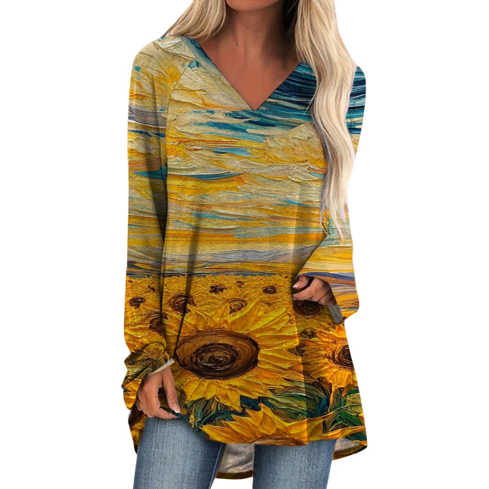 Womens Tops Casual Loose V Neck Tunic T Shirts Long Sleeve Blouses Classic Dressy Solid Color Sweatshirts