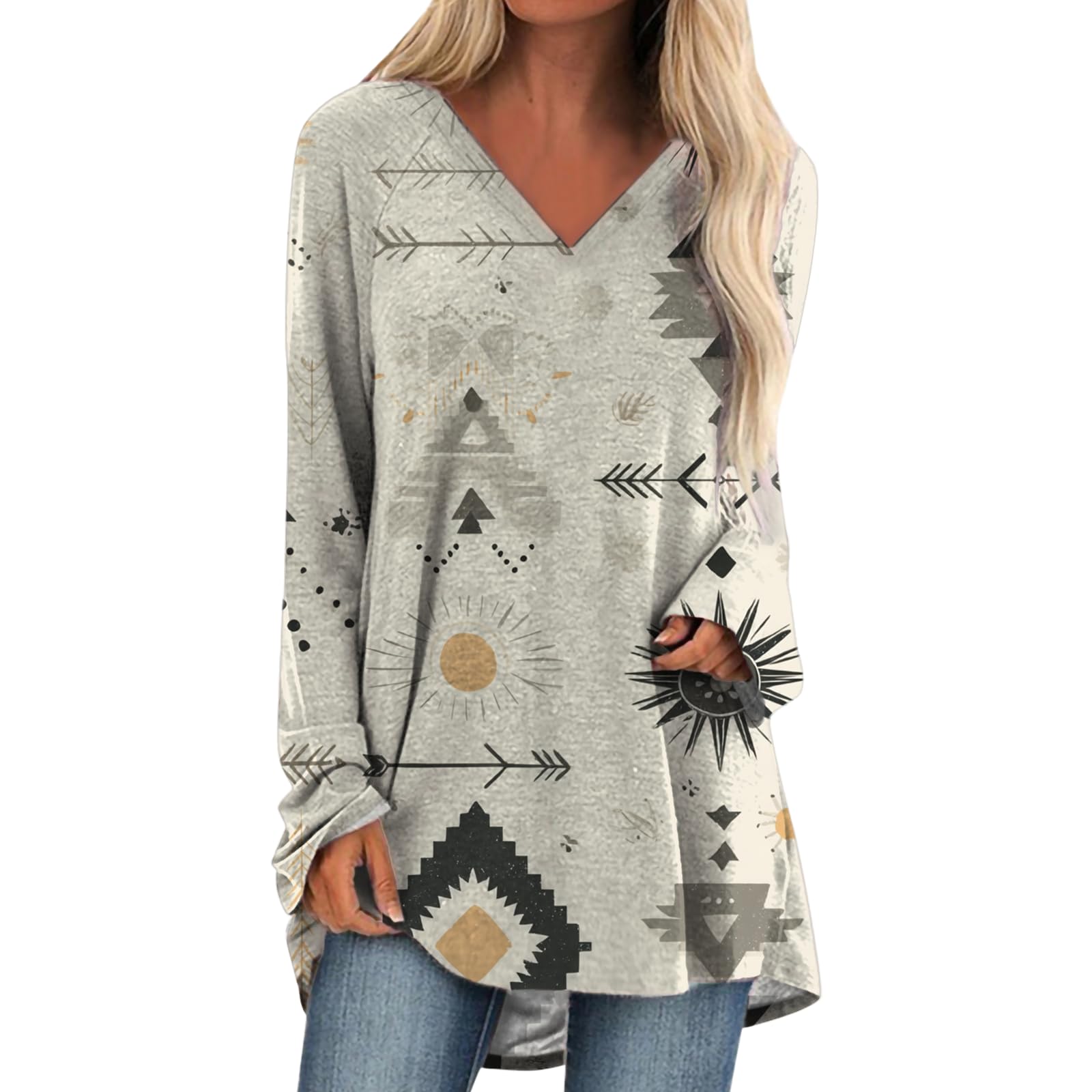 Womens Tops Casual Loose V Neck Tunic T Shirts Long Sleeve Blouses Classic Dressy Solid Color Sweatshirts