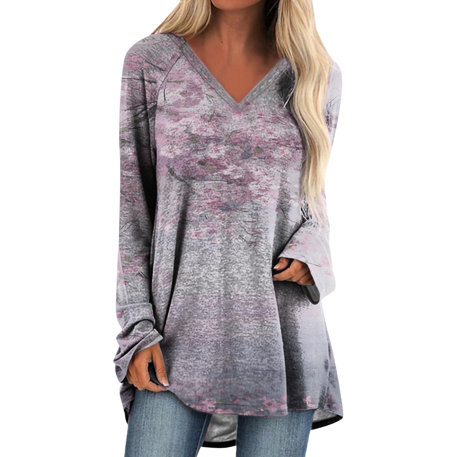 Womens Tops Casual Loose V Neck Tunic T Shirts Long Sleeve Blouses Classic Dressy Solid Color Sweatshirts