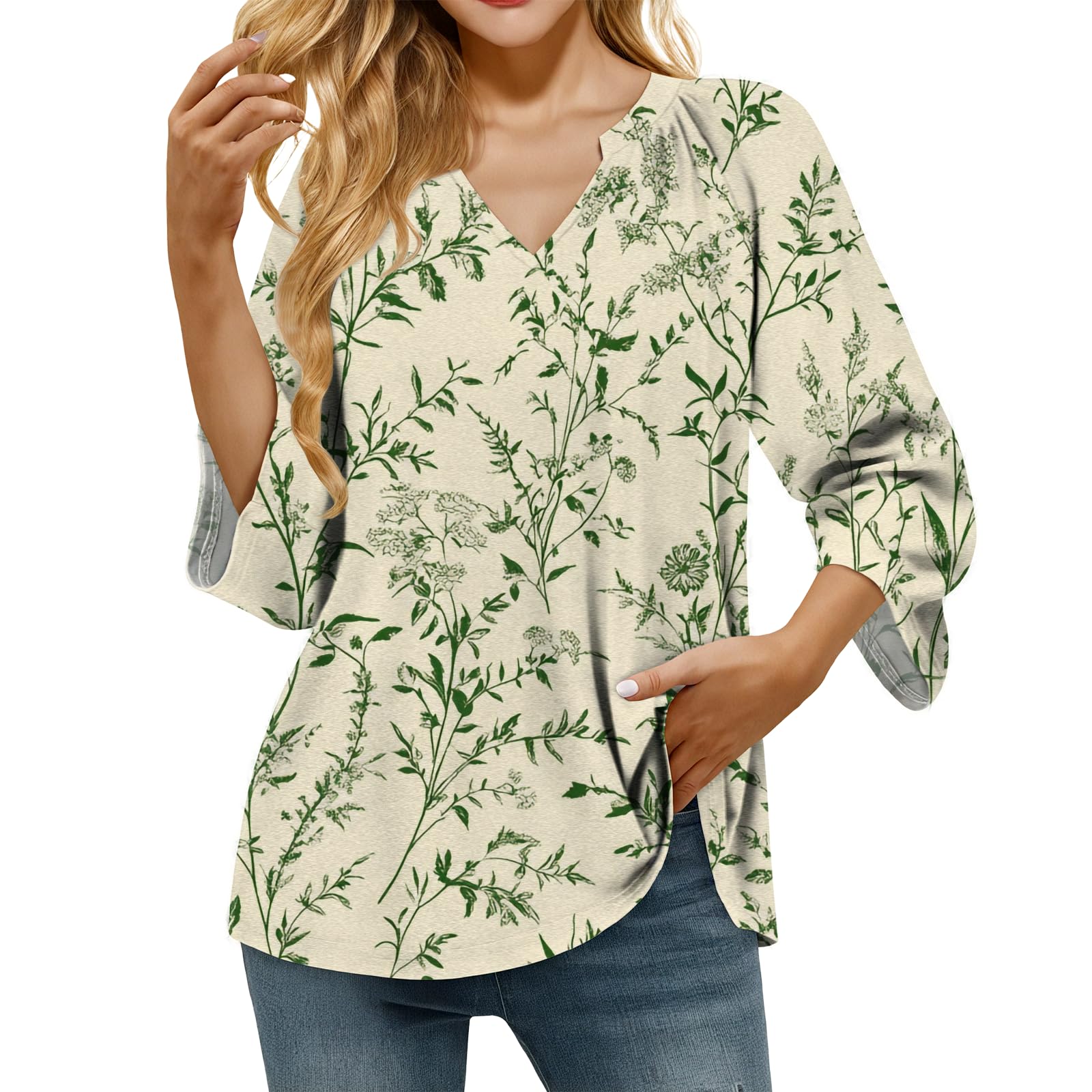 domirica Retro Breathable Shirt for Women Vintage Novelty Stylish Boho Loose Fit 3/4 Sleeve V Neck Tops Summer Undershirt
