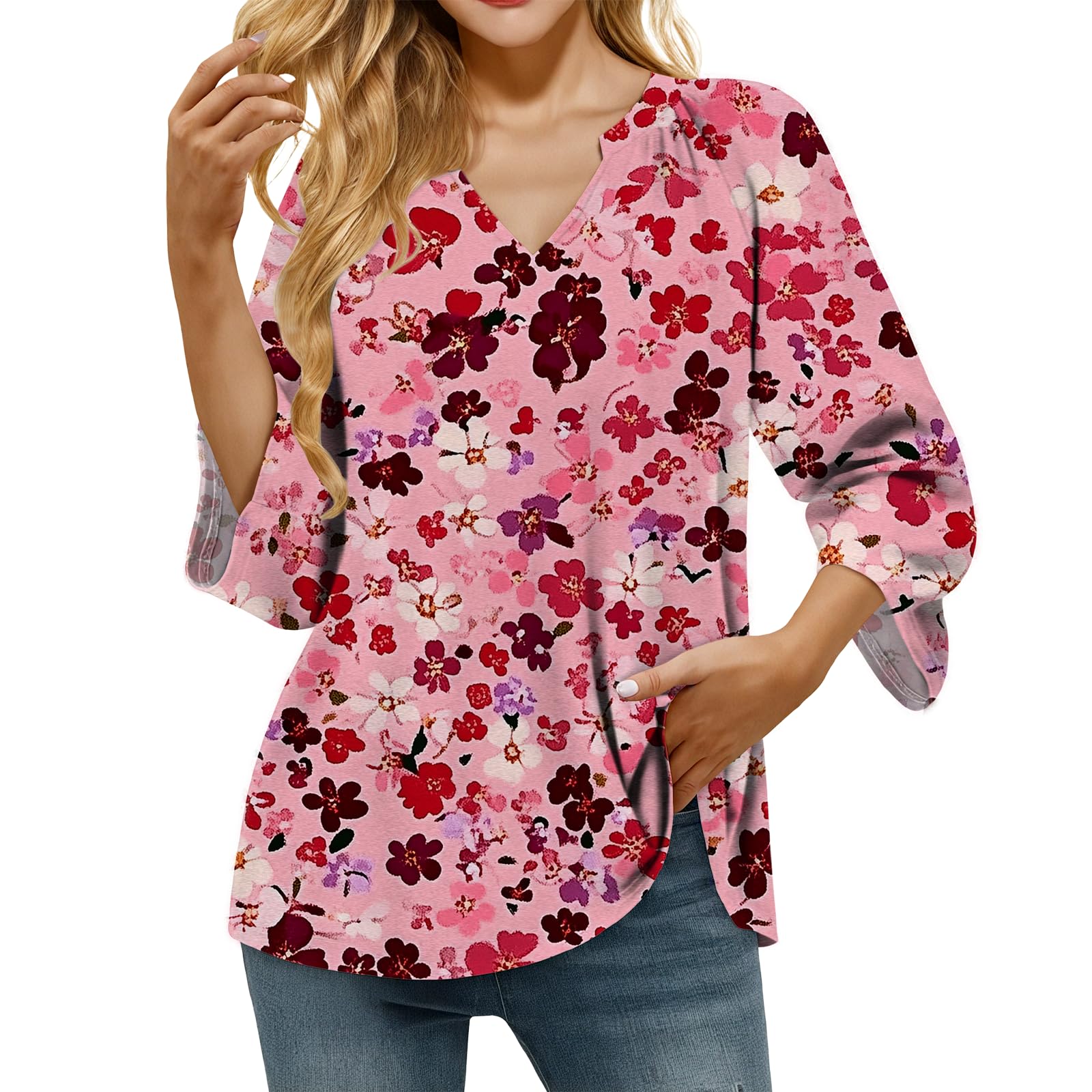 domirica Retro Breathable Shirt for Women Vintage Novelty Stylish Boho Loose Fit 3/4 Sleeve V Neck Tops Summer Undershirt
