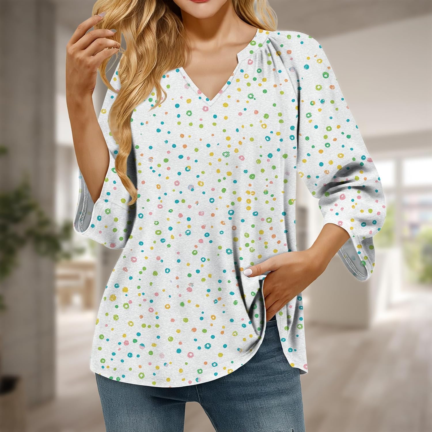 domirica Retro Breathable Shirt for Women Vintage Novelty Stylish Boho Loose Fit 3/4 Sleeve V Neck Tops Summer Undershirt